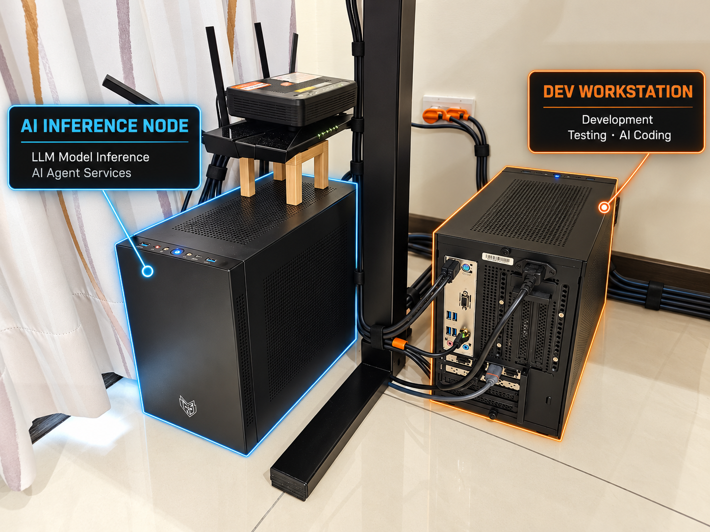 Home dual-computer workstation with neatly organized cables: the AI INFERENCE NODE on the left handles large language model inference and AI agent services, while the DEV WORKSTATION on the right handles development, testing, and AI-assisted coding.