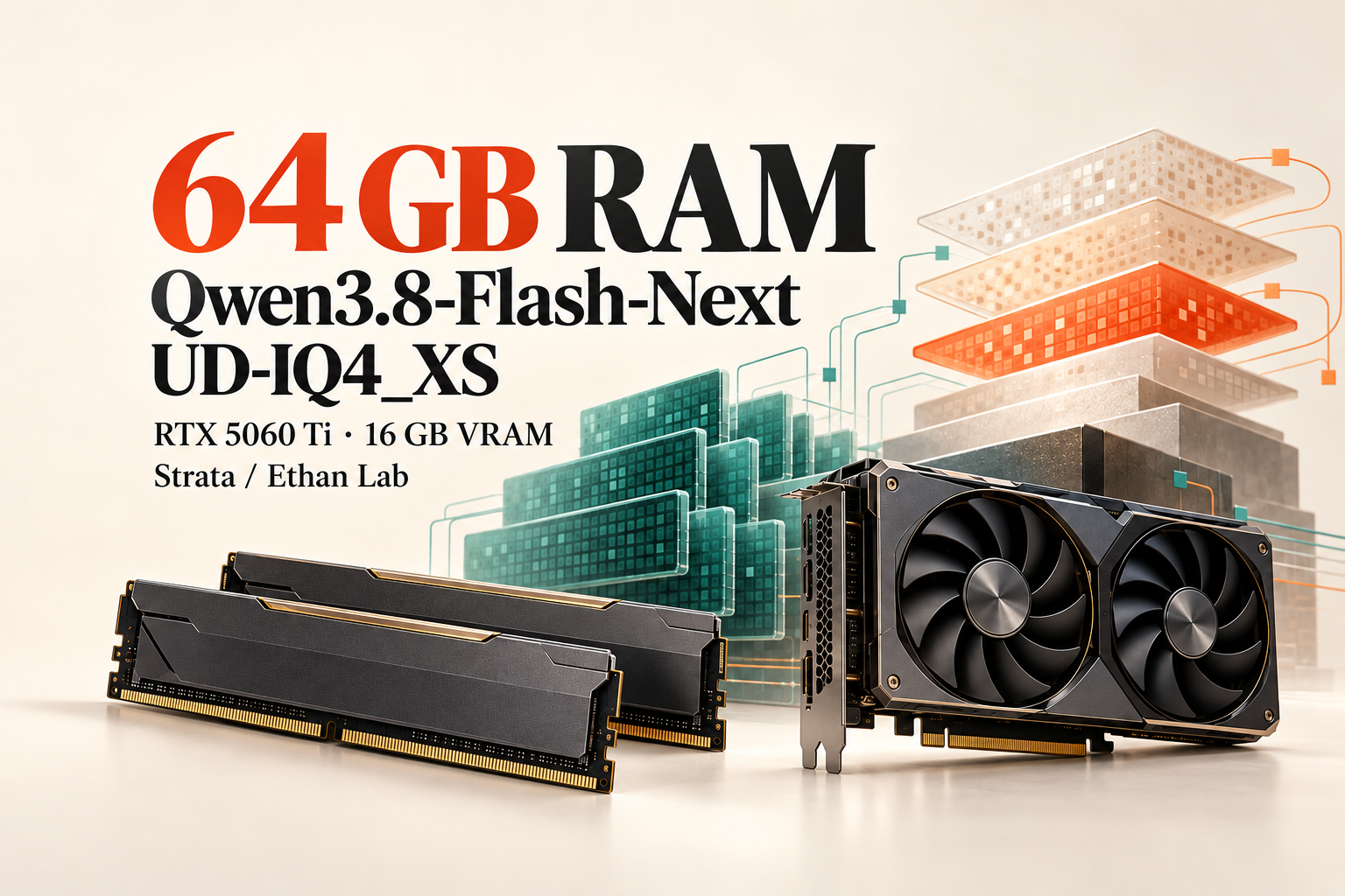 AI illustration of 64 GB RAM and an RTX 5060 Ti 16 GB graphics card, representing Strata running Qwen3.8-Flash-Next UD-IQ4_XS.