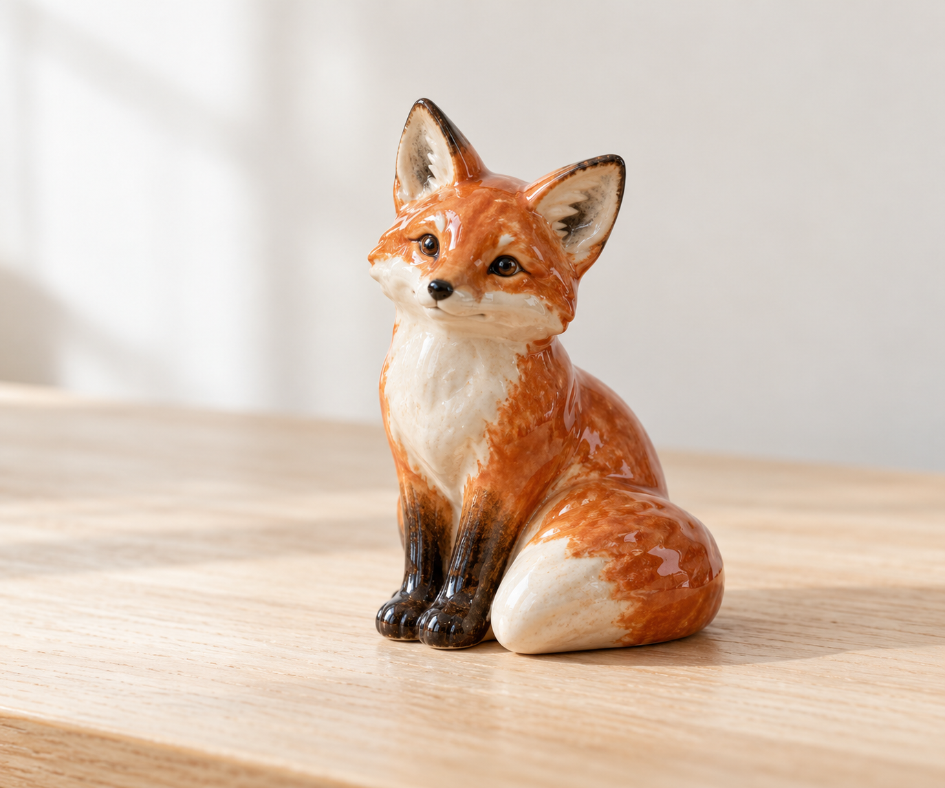The ceramic red fox image actually delivered after OpenCode called local Codex, with the fox on a light wooden table against an off-white background.