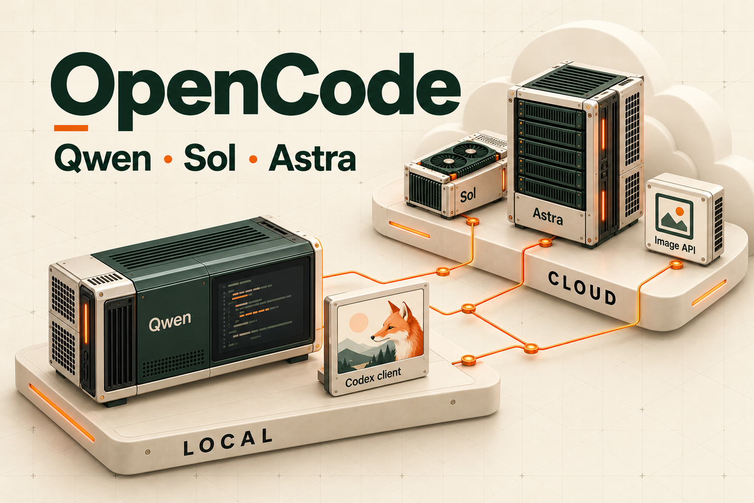OpenCode local and cloud collaboration: local Qwen and a Codex client connect to cloud Sol, a larger Astra module, and image generation.